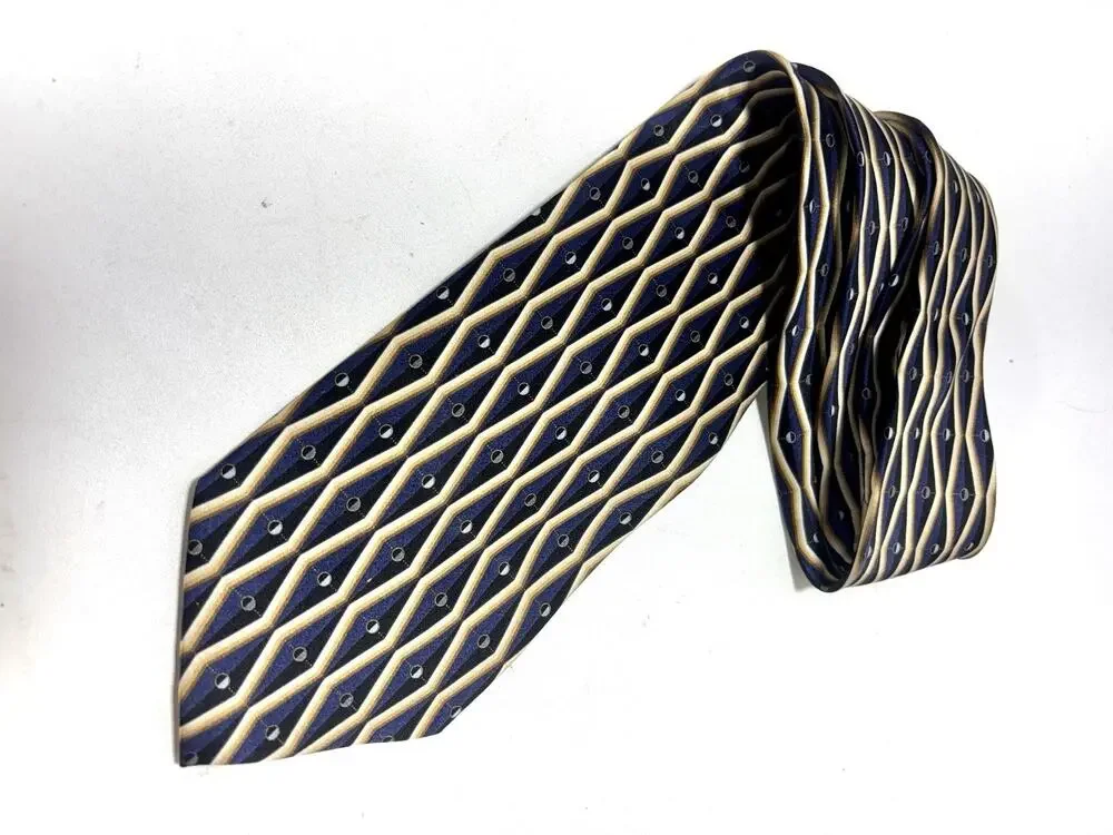 Croft & Barrow Silk Tie Blue Gold Geometric Pattern Classic Necktie